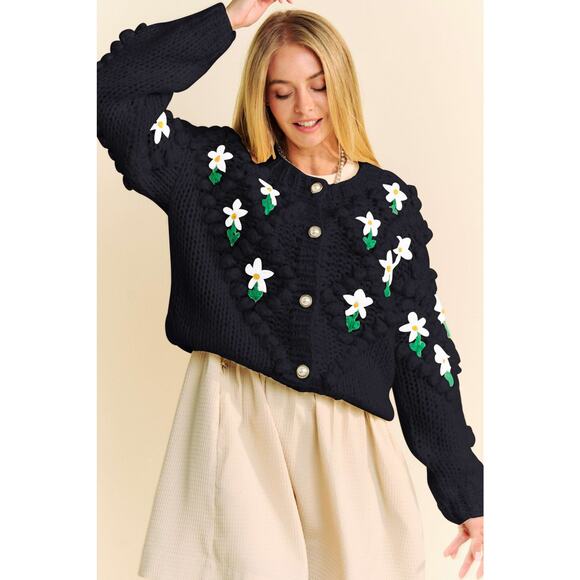 Davi & Dani Embellishments Floral Print Button Up Chunky Knit Cardigan | Black - Picture 5 of 9